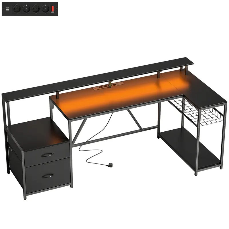 HOMCOM Birou Gaming Reversibil în Formă de L cu LED, Birou Colțar 192,5 cm cu Prize Electrice, Suport Monitor și CPU, 2 Sertare din Material Textil pentru Documente A4/Legal, pentru Acasă sau Birou, Negru | Romania