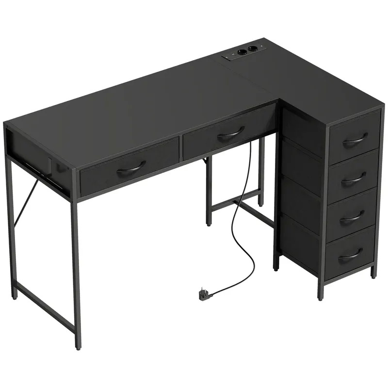 HOMCOM Birou de Colț Reversibil cu Prize și Porturi USB, 126x48 cm Birou în Formă de L cu 6 Sertare din Material Textil, Cârlig Lateral, pentru Computer, Birou, Cameră, Negru | Romania