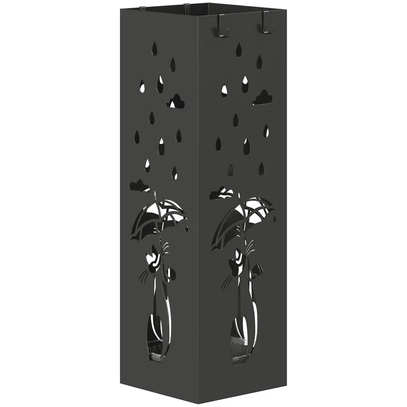HOMCOM Suport de Umbrele Pătrat din Metal pentru Intrare, Suport Autoportant cu Tavă Detașabilă și 4 Cârlige, pentru Interior și Exterior, 15.5x15.5x49 cm, Negru | Romania