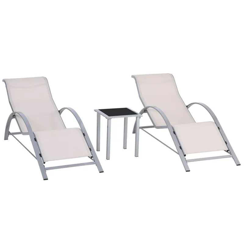 Outsunny Set de 2 Șezlonguri și Măsuță cu Blat din Sticlă, 59x169x66 cm, Crem | Romania
