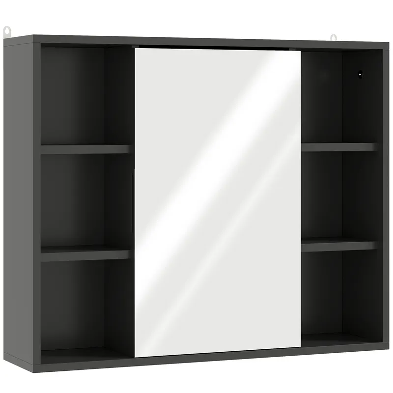 HOMCOM Dulap cu Oglindă pentru Baie, 3 Rafturi Laterale, Raft Reglabil, MDF și PAL, 60x14,5x49,4 cm, Negru și Lemn Natur | Romania