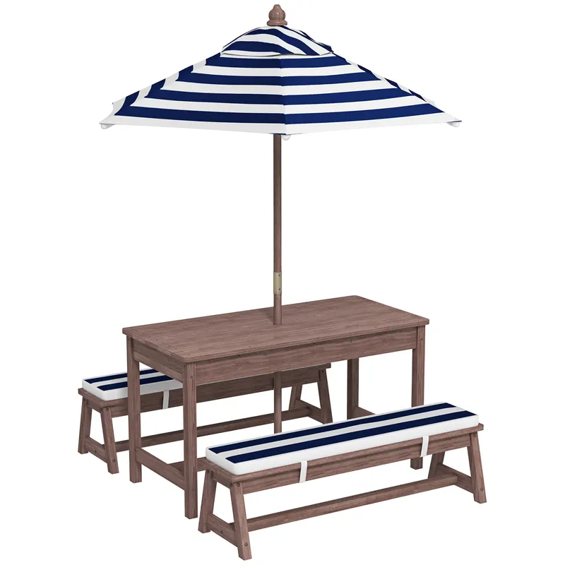 AIYAPLAY Set mobilier de grădină exterior pentru copii cu perne și parasol detașabil, dungi bleumarin și albe | Romania