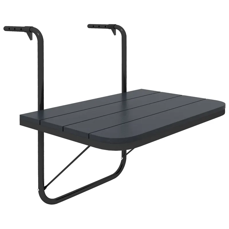 Outsunny Măsuță Pliabilă și Reglabilă pentru Balcon, Masă Suspendată pentru Balustradă, din Aluminiu și Plastic cu Efect de Lemn, Suport pentru Plante sau Gustări, Negru | Romania