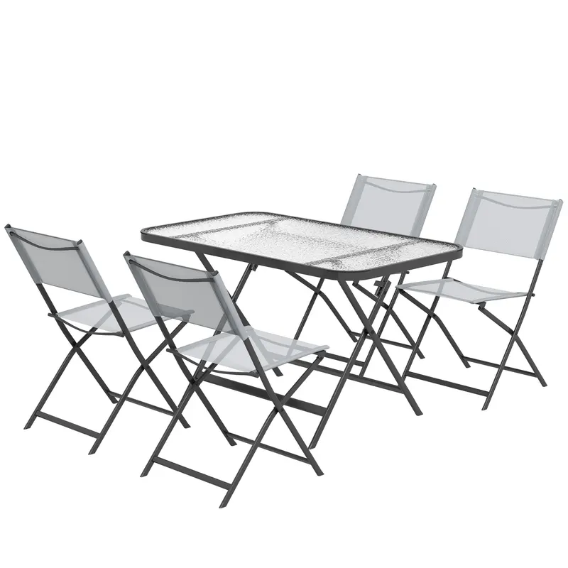 Outsunny Set de Grădină 5 Piese – 4 Scaune Pliabile din Textilene și Masă din Sticlă Securizată, Gri | Romania