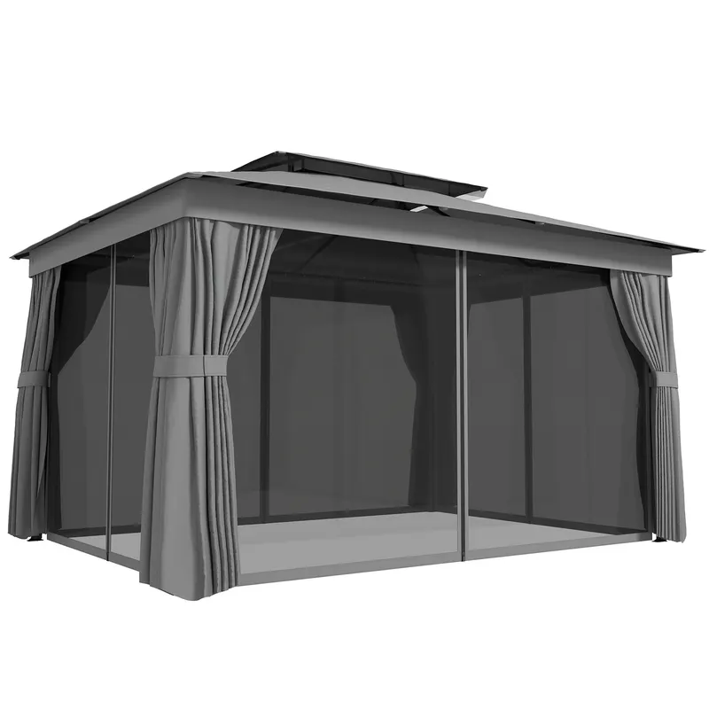 Outsunny Pavilion de Grădină 3,8x3 m cu Perdele, Plasă de Țânțari, Cârlige, Pavilion de Exterior cu Acoperiș Dublu, Orificii de Drenaj, Structură Metalică, pentru Grădină, Terasă, Petreceri, UV30+, Gri Închis | Romania