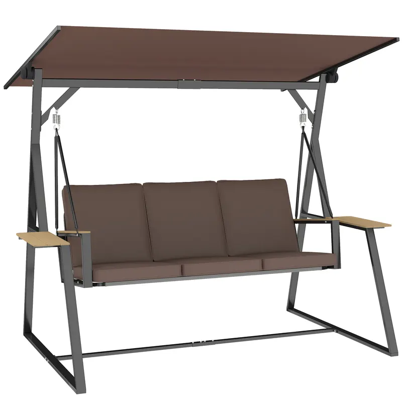 Outsunny Balansoar de Grădină cu 3 Locuri și Acoperiș Reglabil, Balansoar de Exterior din Metal cu Tăvi pentru Băuturi, Perne Imbătute, Capacitate 360kg, pentru Terasă sau Balcon, 222x131x175 cm, Maro | Romania