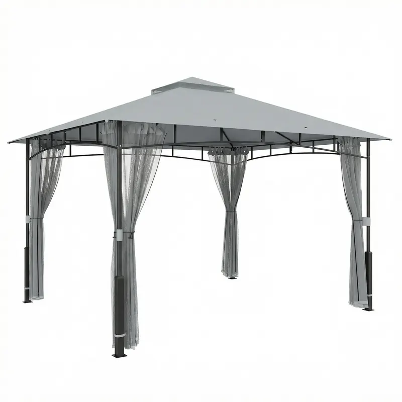 Outsunny Cort pentru Grădină cu Acoperiș Dublu Foișor cu Pereți din Plasă UPF50+ pentru Exterior Terasă 360x300x275 cm Gri | Romania