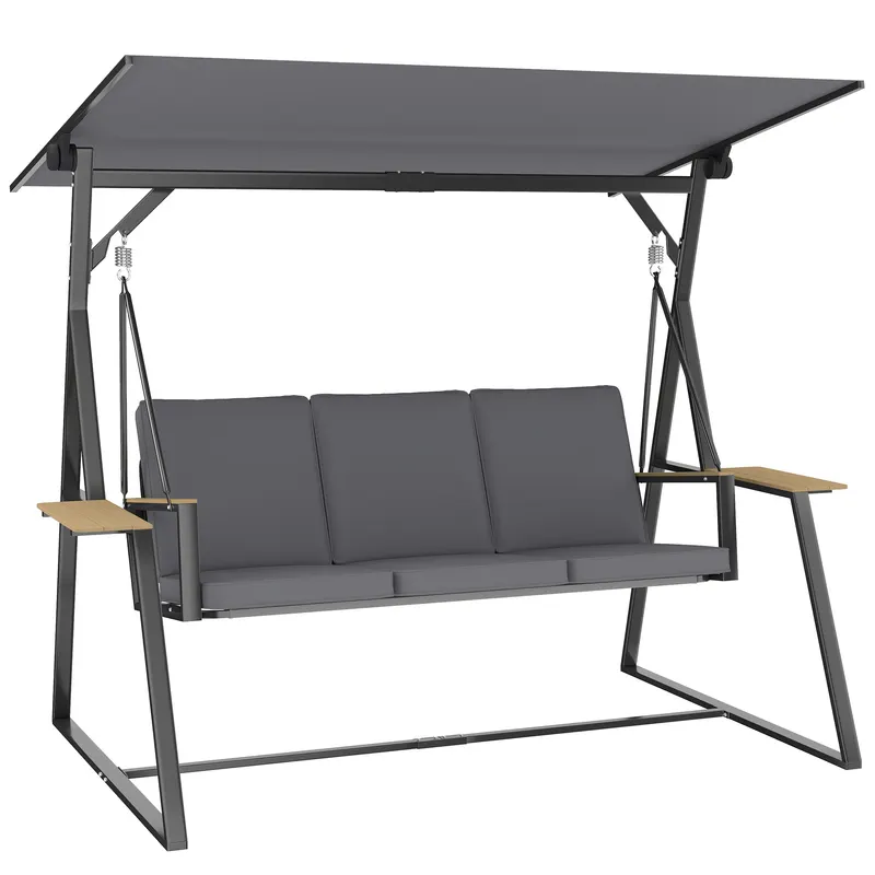 Outsunny Balansoar exterior de grădină cu 3 locuri, acoperiș reglabil, 2 tăvi, perne și cadru metalic, sarcină 360 kg, gri | Romania