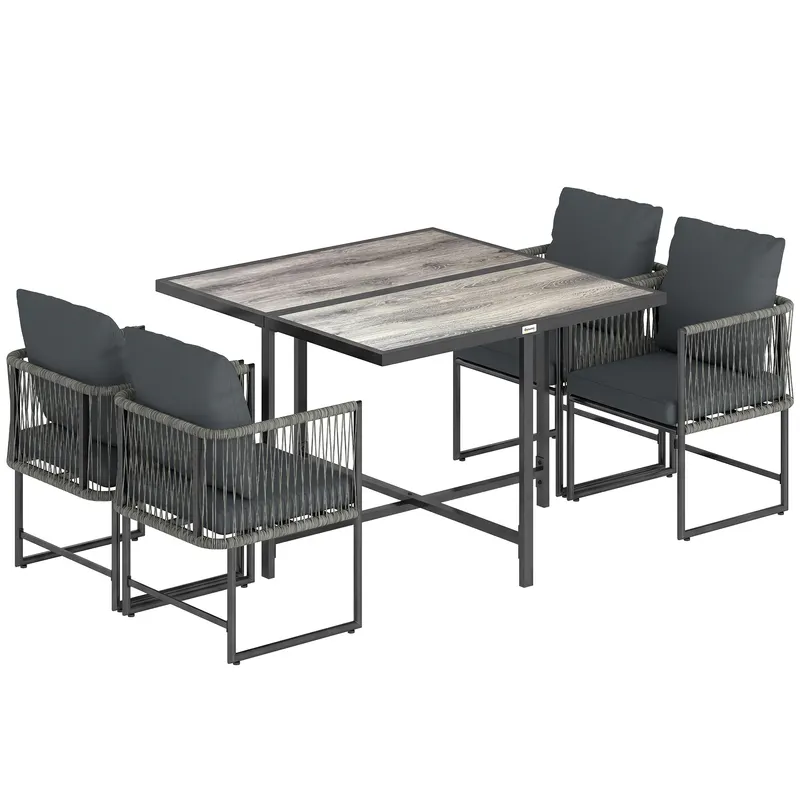 Outsunny Set mobilier grădină din polyrattan 5 piese, economisire de spațiu, set cu masă și 4 scaune, blat DPC, perne, gri | Romania