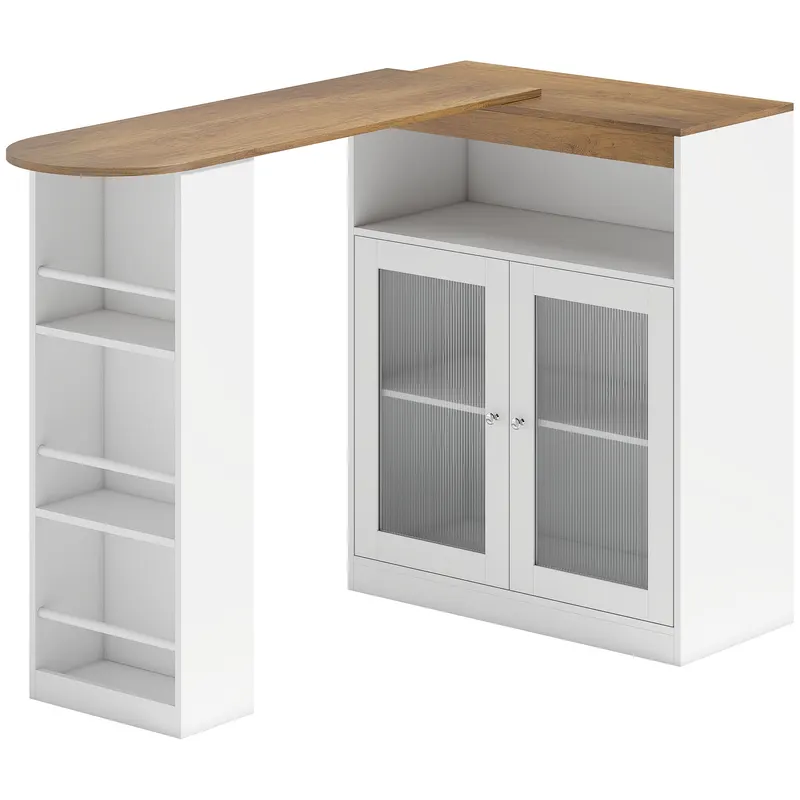 HOMCOM Masă de Bar Extensibilă și Rotativă 360° cu Rafturi Deschise și 2 Uși din Sticlă 150x80x105,5 cm Alb și Lemn Natural | Romania