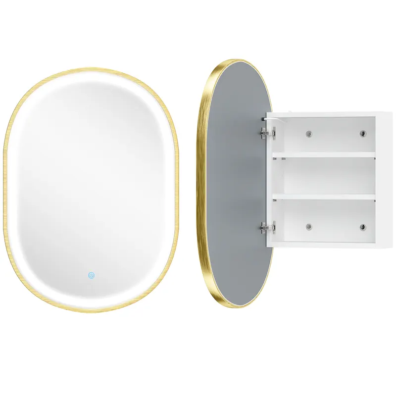 HOMCOM Dulap de Baie cu Oglindă și Lumini LED de 3 Culori Dulap de Perete Oval cu Funcție Memorie și Antiaburire Auriu | Romania