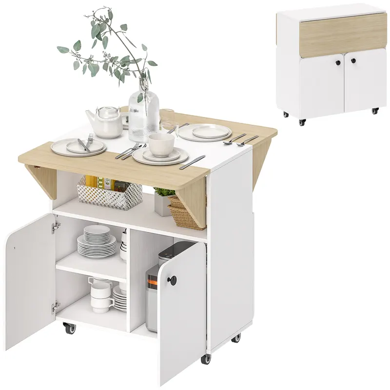 HOMCOM Masa de Dining Pliabilă cu Dulap pe Role, două părți pliabile ale mesei, Dulap, 4 Roți, Alb+Lemn natural, 70 x 83 x 75 cm | Romania