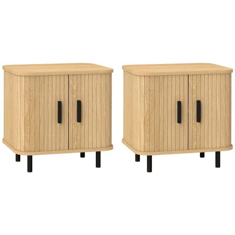 HOMCOM Set 2 Noptiere în stil Nordic cu Raft pe 2 Niveluri și Ușă Culisantă pentru Dormitor, 48x40x48 cm, Lemn Natural | Romania