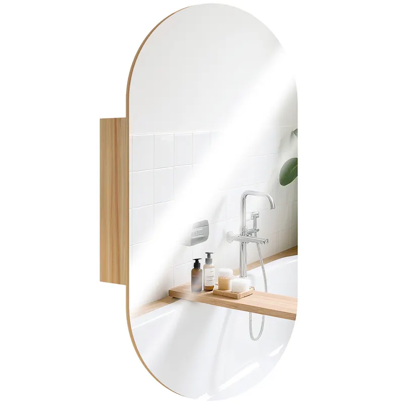 HOMCOM Dulap cu oglindă pentru baie, montare pe perete, oval, 45 x 90 cm, modern, fără rame, lemn natural | Romania