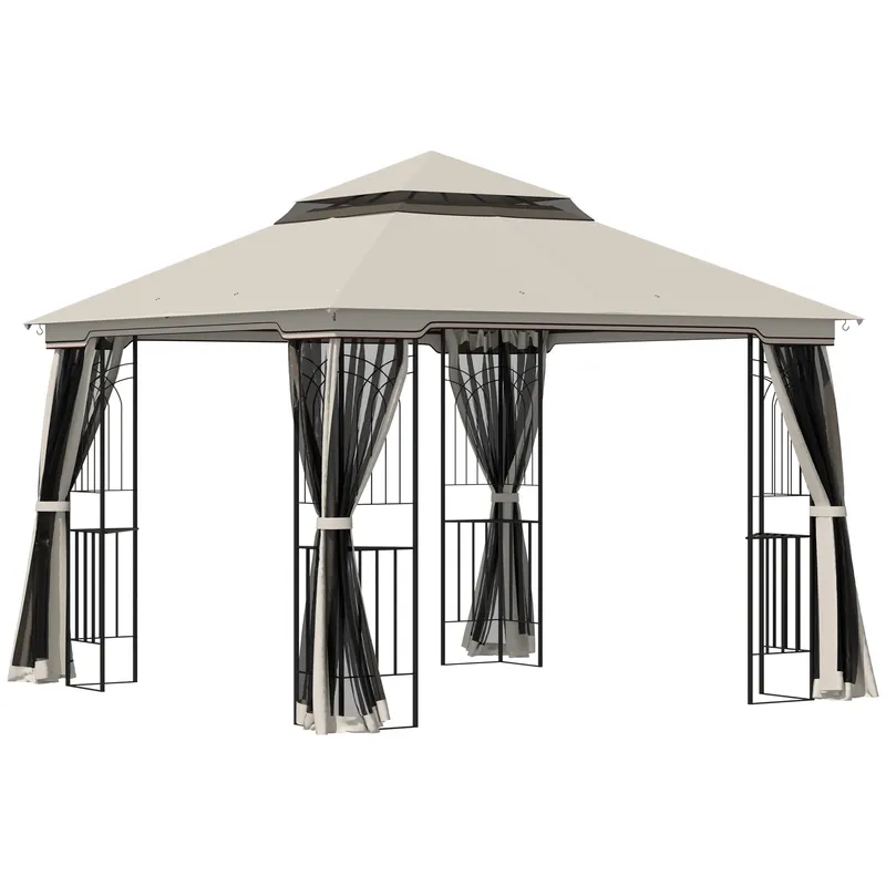 Outsunny Pavilion de grădină cu acoperiș dublu, cort pentru petreceri, cu 4 x pereți laterali, Metal+Poliester, Bej, 2,99 x 2,99 x 2,74 m | Romania
