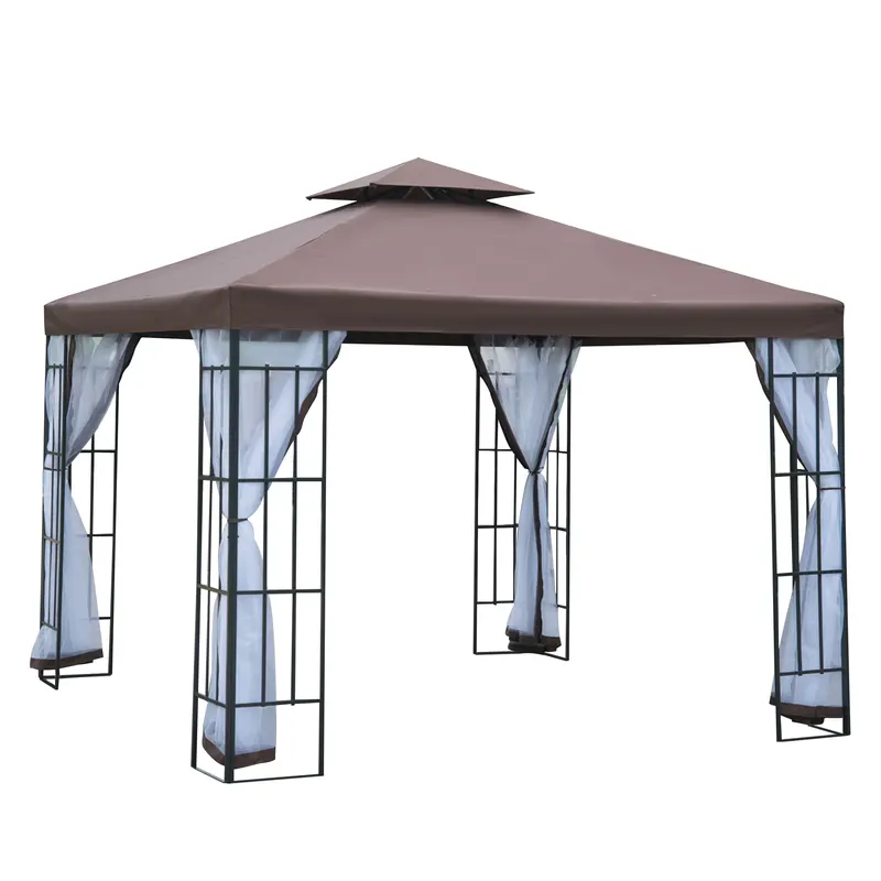 Outsunny Pavilion de grădină cu plasă antimuște și pereți laterali, cort pentru petreceri cu acoperiș dublu, cort de grădină 2,97x2,97m | Romania