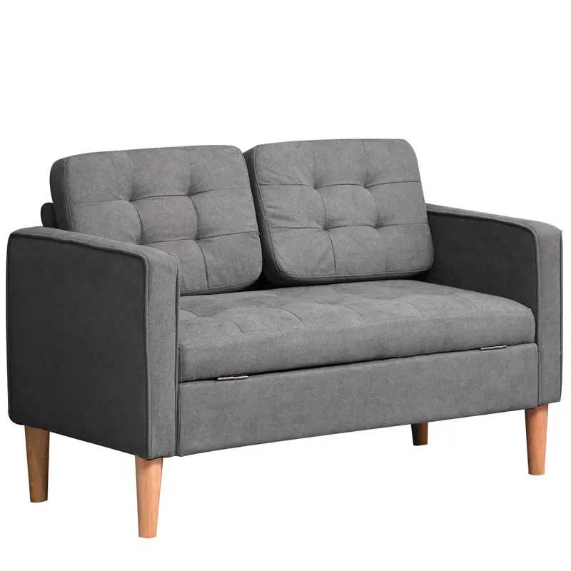 HOMCOM canapea 2 locuri, canapea cu spațiu de depozitare, picioare din lemn, canapea tapițată cu aspect catifelat pentru living, dormitor, 117x 62 x 78 cm, Gri | Romania
