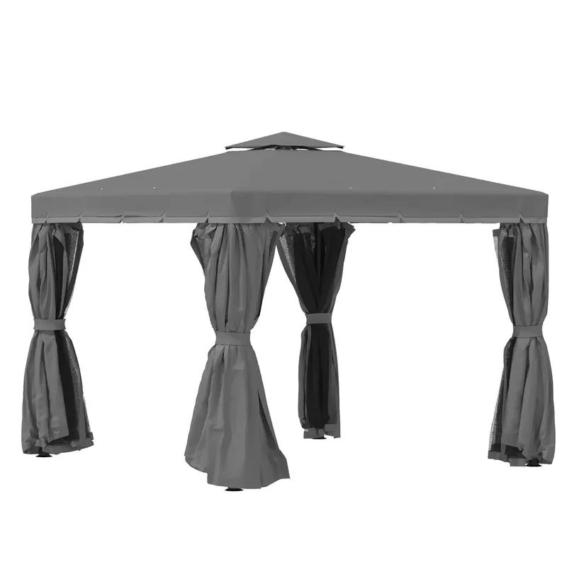 Outsunny Pavilion de grădină 2,96 x 2,96 m, cort cu dublu acoperiș, cort pentru petreceri, 4 părți laterale, plasă de țânțari, rezistent la intemperii, aluminiu/poliester, gri închis | Romania