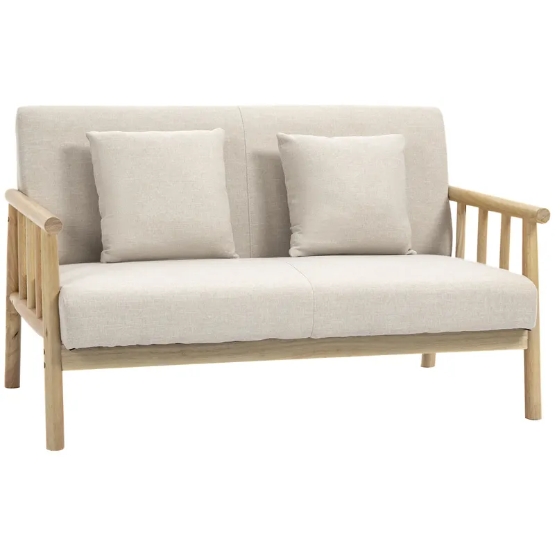 HOMCOM Canapea 2 locuri, husă cu aspect de in, compactă, până la 200 kg, cadru din lemn, 123L x 69B x 74H cm, Bej | Romania