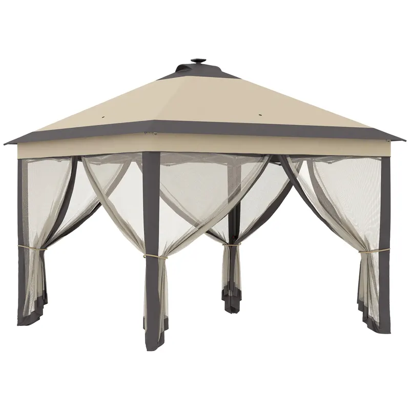 Outsunny Cort pliabil cu lumini LED 330x330 cm Pavilion de grădină cu telecomandă cu 4 plase anti-țânțari Înălțime reglabilă Bej | Romania