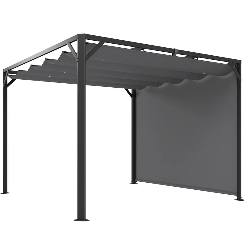 Outsunny Gazebo Pergolă cu Copertină Rulabilă de Protecție și Orificii de Drenaj, 300x300x227 cm, Gri Închis | Romania