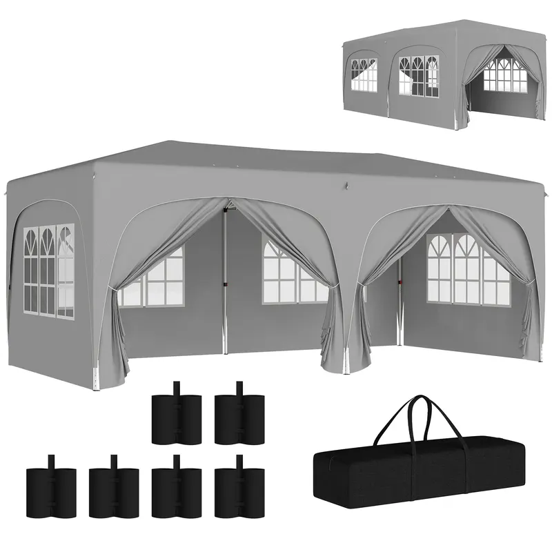 Outsunny Tonelă pliabilă 3 x 6 m Pop-Up, UPF50+ Înălțime reglabilă, cu sac de transport și saci de nisip, gri deschis | Romania