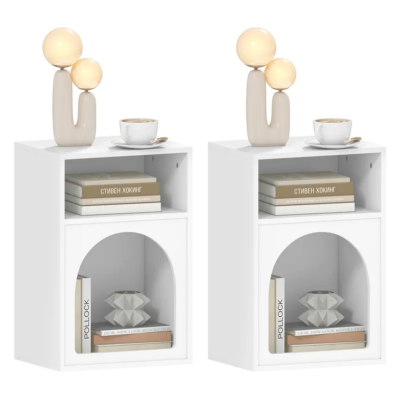HOMCOM Set de 2 mese de noapte, masă de noapte cu compartimente deschise, design arcuit, 40 x 30 x 60 cm, alb | Romania