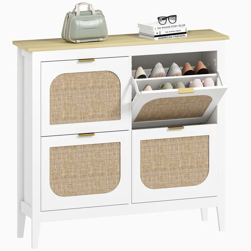 HOMCOM Zapatero Estrecho con 4 Puertas de Ratán Estantes Ajustables para 20 Pares de Zapatos 105x24x95,5 cm Alb | Romania