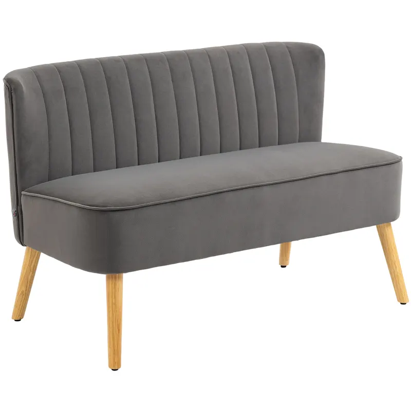 HOMCOM Canapea design retro 2 locuri, picioare din lemn, 117 cm x 56,5 cm x 77 cm, Gri închis | Romania