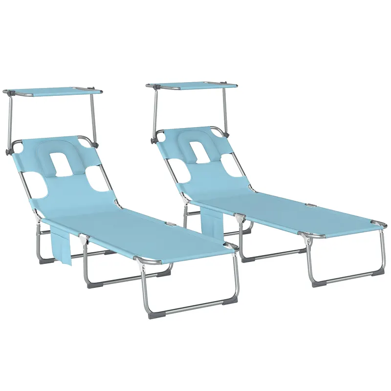 Outsunny Set de 2 Șezlonguri Pliabile Reclinabile cu Copertină 360°, Orificiu Facial, Buzunar Lateral și Textilene 550 g/m², Albastru | Romania