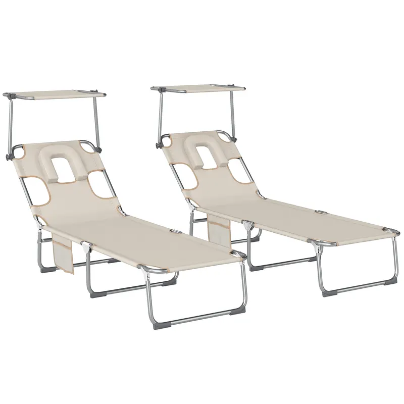 Outsunny Set de 2 șezlonguri pliante reclinabile cu copertină 360° orificiu facial buzunar lateral și Textilene 550 g/m² bej | Romania