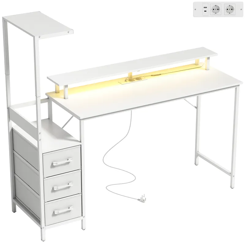 HOMCOM Birou Gaming cu Suport CPU Reglabil Reversibil și LED, 147x47 cm, Stație de Încărcare, Suport Monitor, 3 Sertare din Material Textil, pentru Acasă, Birou sau Studio, Alb | Romania
