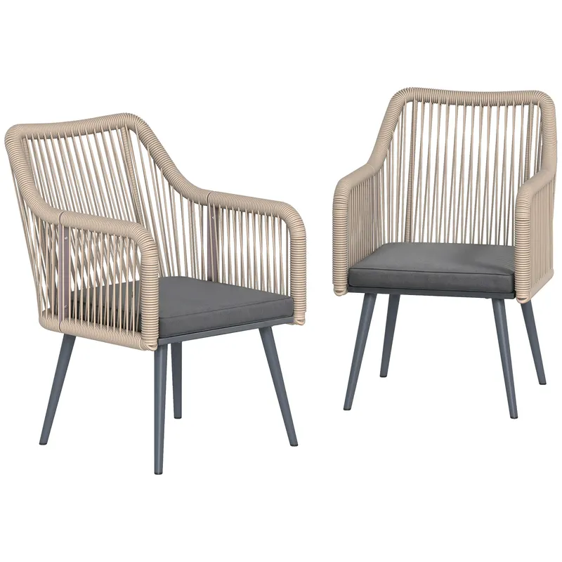 Outsunny Set 2 Scaune de Grădină din Ratan PE cu Perne Moi Lavabile și Brațe, Scaune pentru Dining Exterior din Oțel, pentru Terasă, Balcon, Grădină, Exterior, 54x65x80cm, Gri Închis | Romania