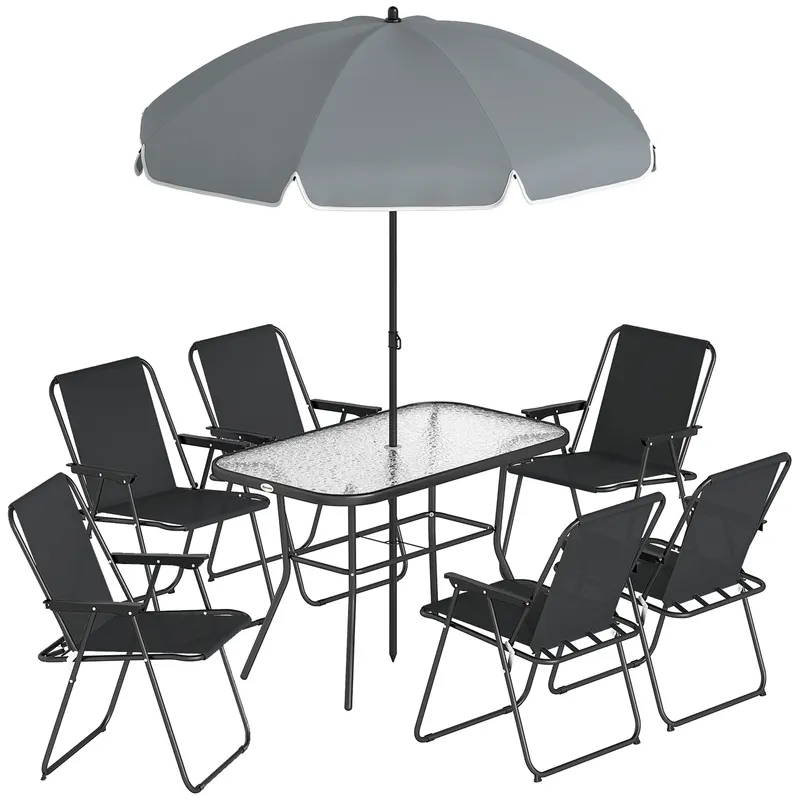 Outsunny Set Dining de Grădină 8 Piese cu Umbrelă, Mobilier de Exterior cu 6 Scaune Pliabile, Masă din Sticlă Temperată și Umbrelă pentru Terasă, Negru | Romania