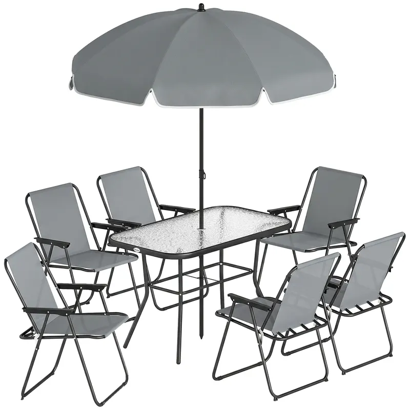 Outsunny Set de Masă de Grădină 8 Piese cu Umbrelă, Set Mobilier Grădină cu 6 Scaune Pliabile, Masă din Sticlă Temperată și Umbrelă pentru Terasă, Gri | Romania