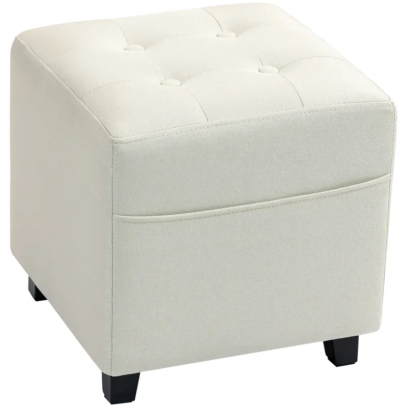 HOMCOM Suport pentru picioare pentru living, ottoman, scaun tapițat capitonat din material cu aspect de in cu buzunar lateral, 35 x 35 x 35 cm, cremă | Romania