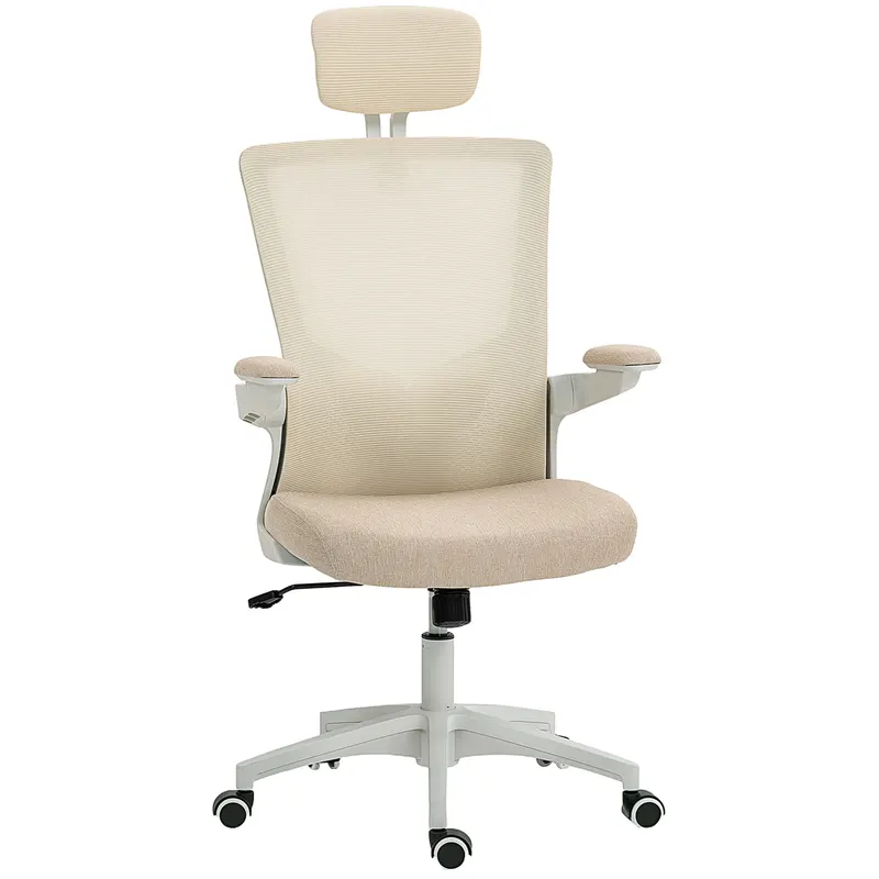 HOMCOM Scaun birou ergonomic, scaun de birou, cotiere rabatabile, suport lombar, tetieră, 60x63x120cm, bej | Romania