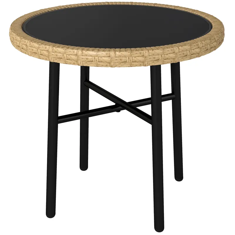 Outsunny Masă de Cafea Rotundă de Grădină, Masă Auxiliară Exterioară din Rășină Împletită și Blat din Sticlă Securizată, 46x46x43cm, Natural | Romania