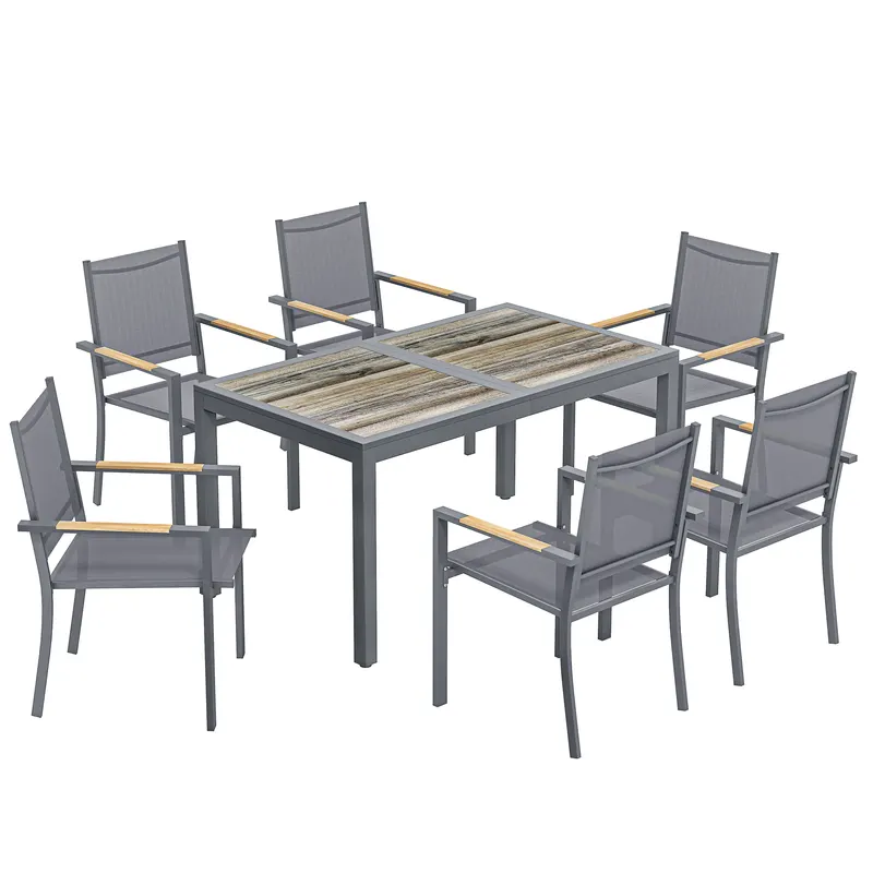 Outsunny Set Mobilier de Grădină 7 Piese Masă Aspect Lemn 6 Scaune Suprapuse din Textilenă 140x80x72cm Gri | Romania