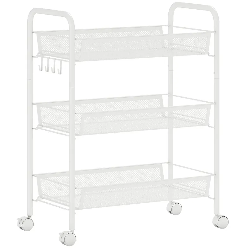 HOMCOM Cărucior cu 3 niveluri cu coșuri etajeră pe roți cărucior de depozitare mobil 45 x 26,5 x 63 cm alb | Romania
