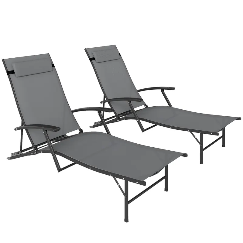 Outsunny Set de 2 Șezlonguri Pliante, Ajustabile în 4 Poziții cu Cotiere și Perne, 64x154x87 cm, Gri | Romania
