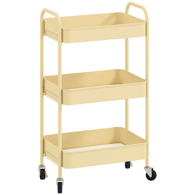 HOMCOM Cărucior auxiliar pe roți cu 3 niveluri Cărucior de bucătărie cu 3 coșuri și 2 mânere 45x30,6x79 cm Galben | Romania