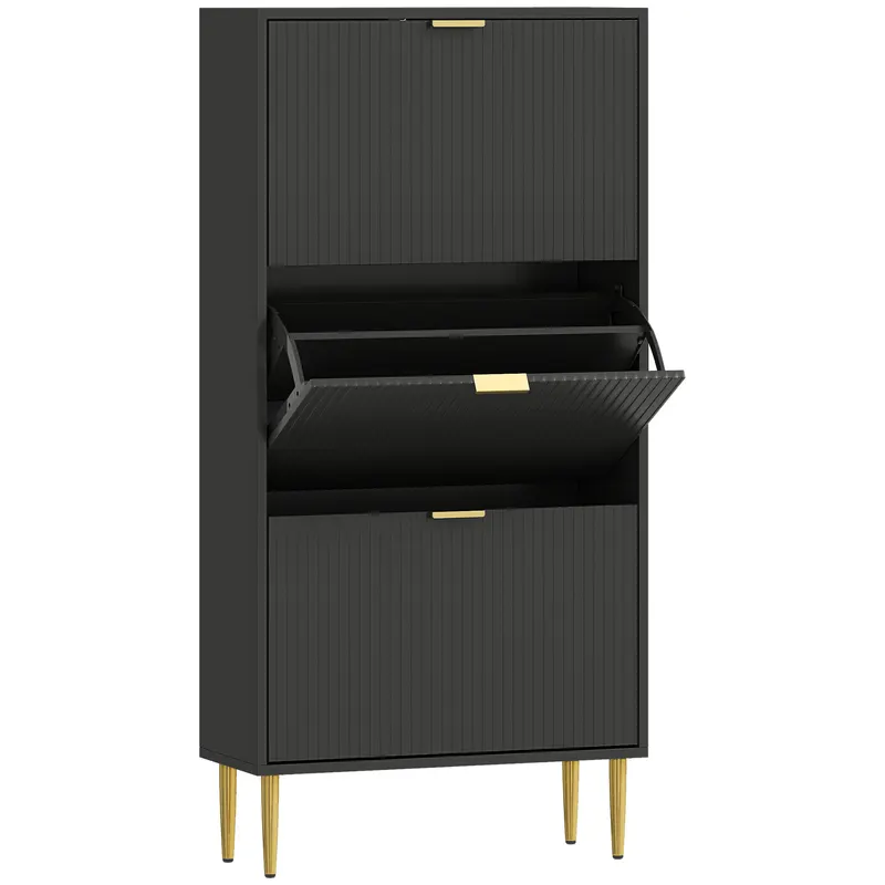 HOMCOM Mobilier pentru pantofi 18 perechi cu 3 sertare rabatabile, uși canelate și rafturi reglabile, 60x24x122,5cm, negru | Romania