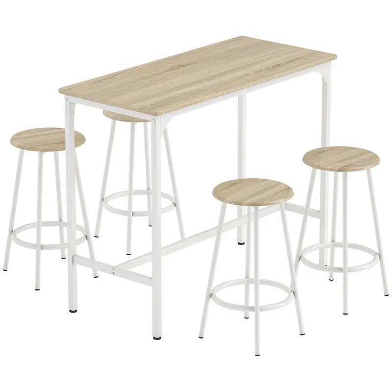 HOMCOM Set de Dining 5 Piese cu Bar 110x50x89,5 cm și Scaune Ø30x60,5 cm din Lemn și Metal Nuanță Lemn | Romania