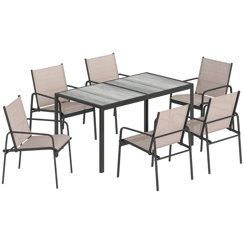 Outsunny Set masă și scaune pentru grădină cu masă cu efect lemn și 6 scaune cu șezut respirabil pentru terasă patio kaki | Romania
