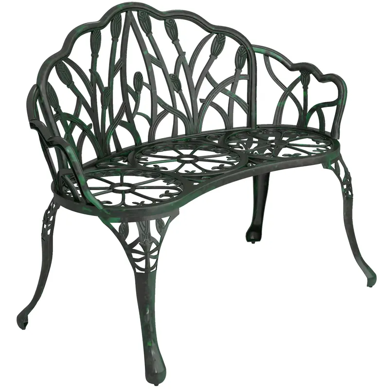 Outsunny Banc de grădină din aluminiu turnat, banc exterior 2 locuri cu spătar lalea, șezut floral, 99x57x78cm, vert antique | Romania