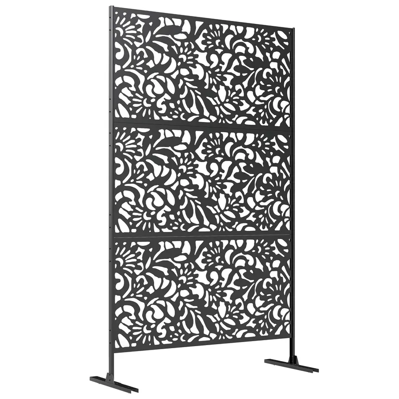 Outsunny Panou paravan decorativ exterior Claustra decorativă grădină 3 panouri cu model floral Oțel 122 x 45 x 198 cm Negru | Romania