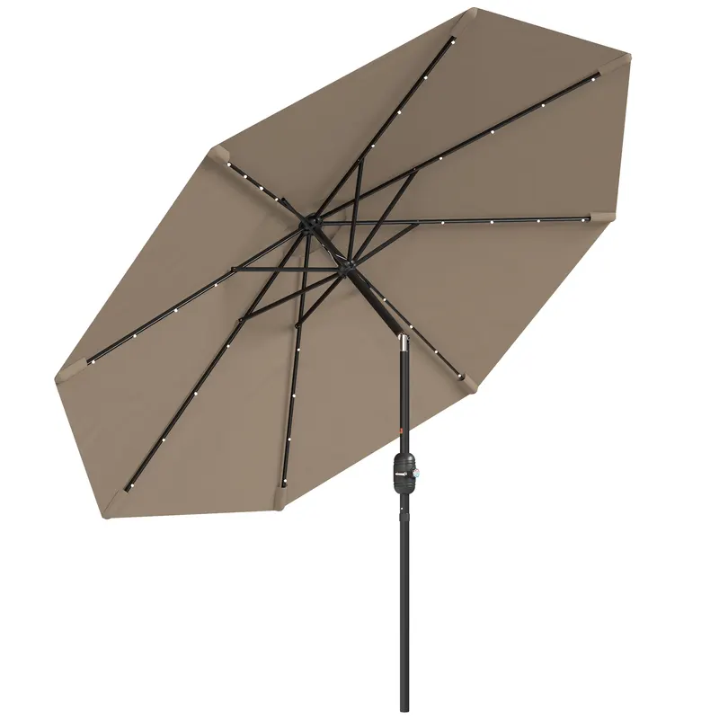 Umbrelă de grădină Ø265 cm cu 32 LED-uri solare, manivelă și tijă din oțel pentru patio terasă Outsunny, kaki | Romania