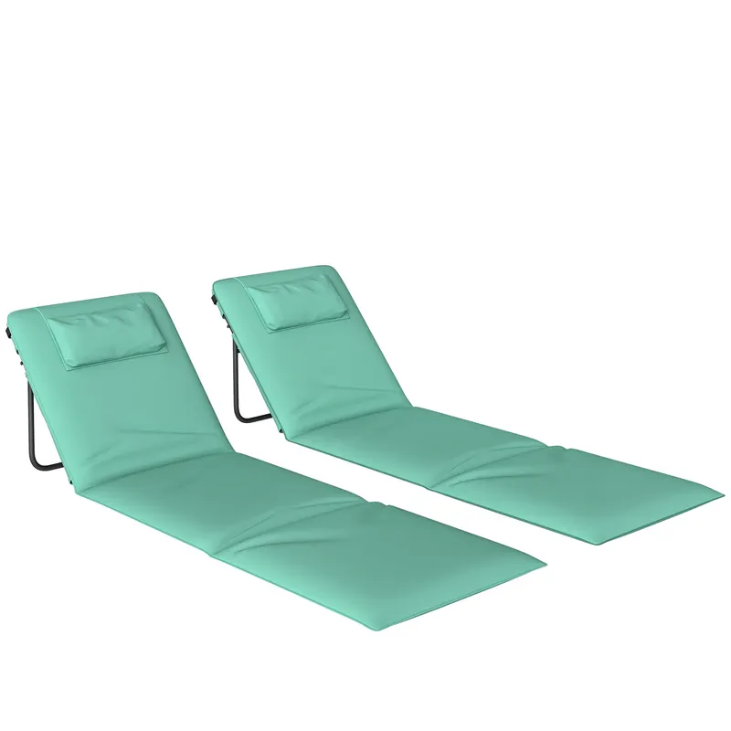 Outsunny Set de 2 Covorașe de Plajă Pliabile cu Spătar Reglabil Tetieră Căptușită 146x50x2 cm Verde | Romania