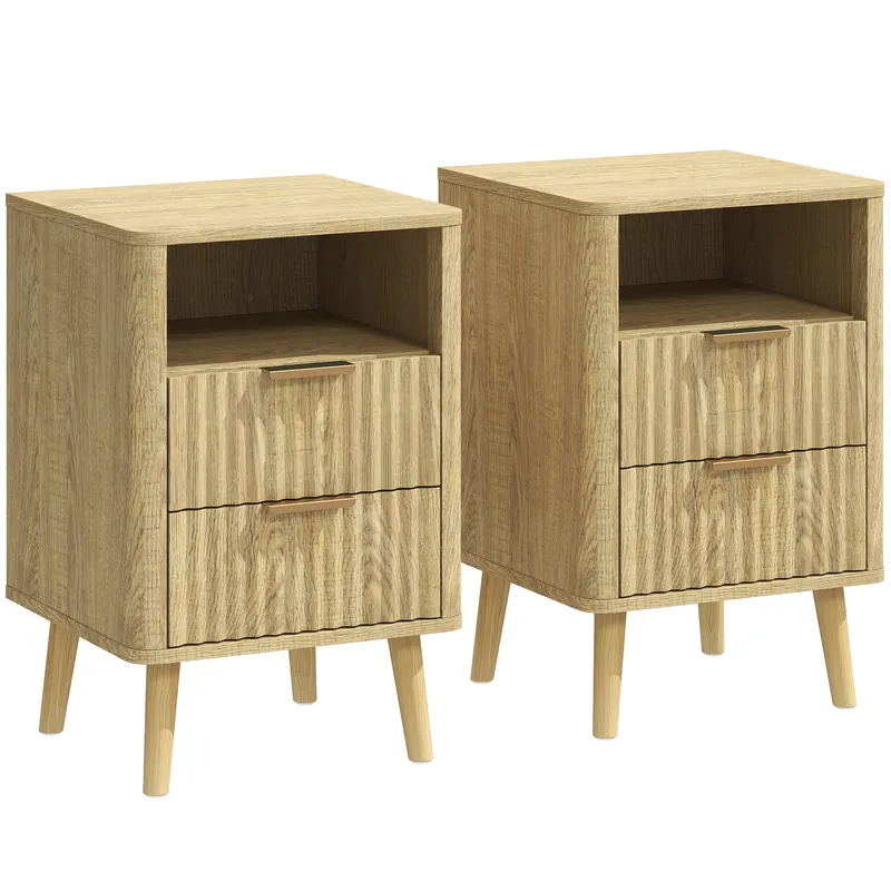 HOMCOM Set de 2 noptiere, noptiere cu 2 sertare și compartiment deschis, colțuri rotunjite, 40 x 40 x 61 cm, stejar | Romania